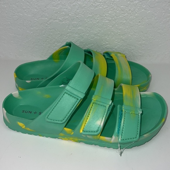 Sun + Stone Green Yellow Bowie Beach Coastal Slide Slip On Sandal - Picture 3 of 4